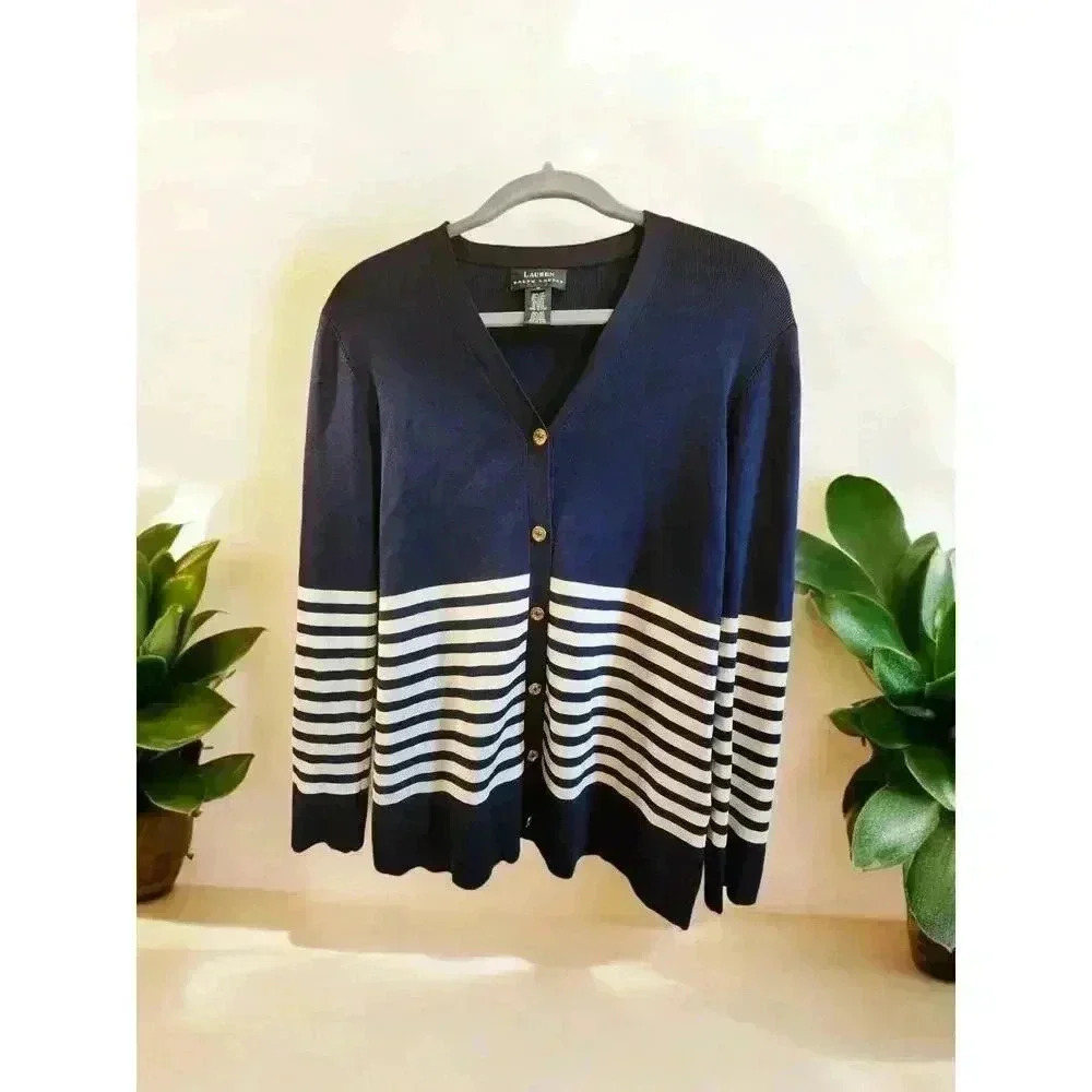 Lauren Ralph Lauren Navy and White Striped V-Neck Cardigan